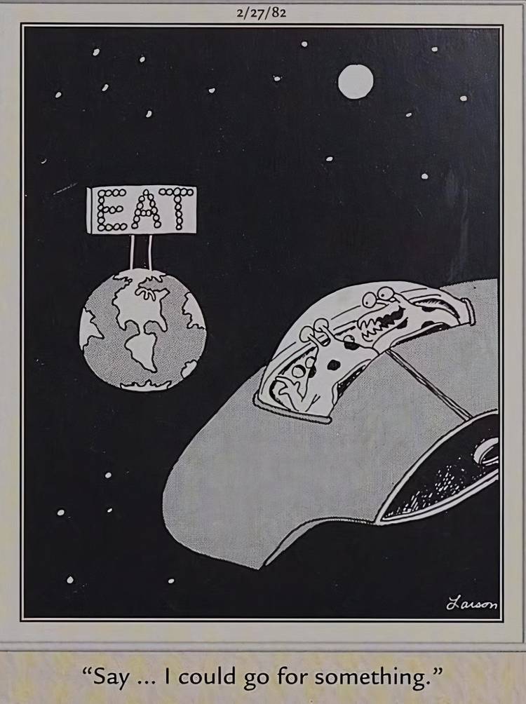 Two Far Side aliens flying towards Earth for something to eat.