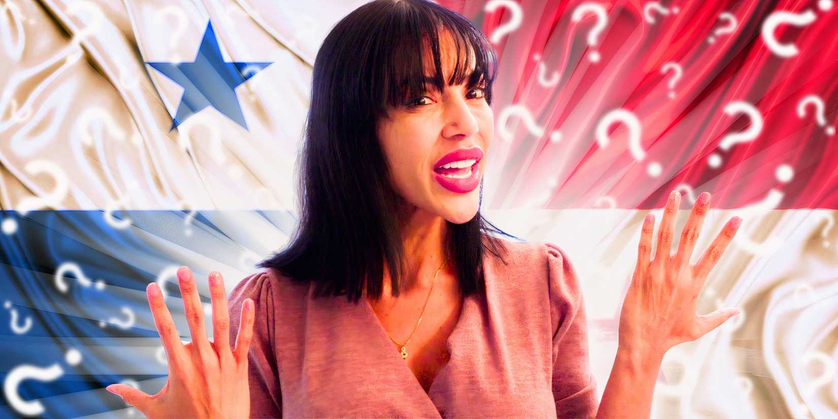90 Day Fiancé's Jasmine Pineda looking confused with Panama Flag in the background