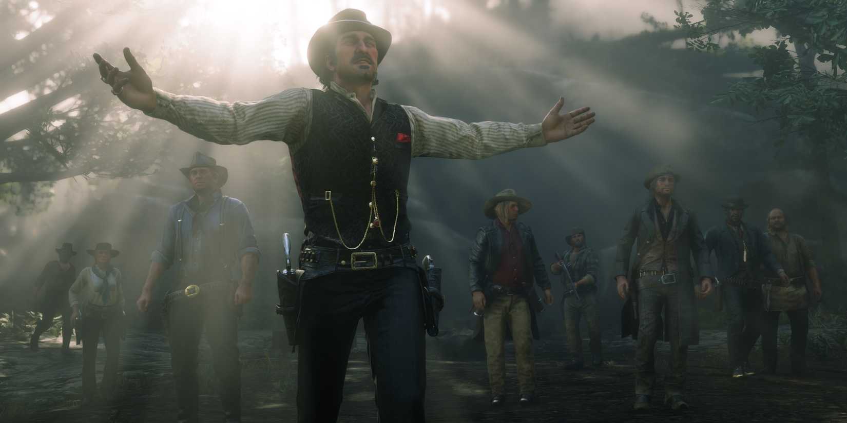 Dutch with his arms outstretched and a gang behind him in Red Dead Redemption 2.
