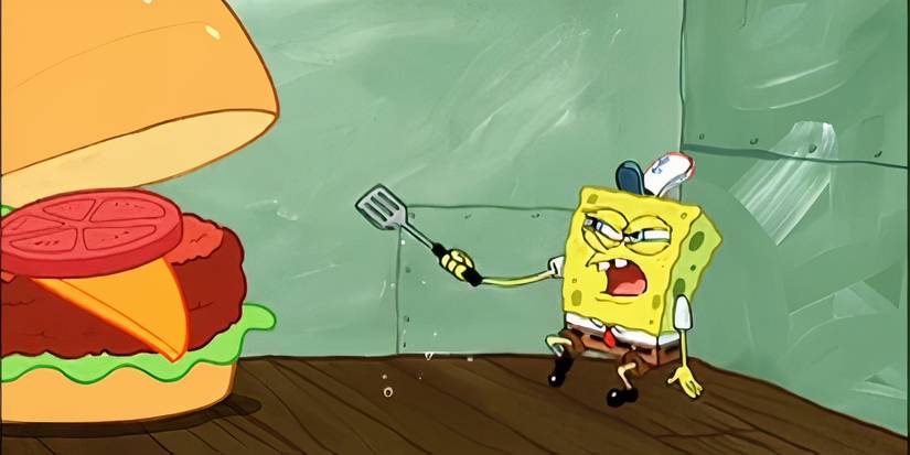 A giant Krabby Patty attacks SpongeBob SquarePants