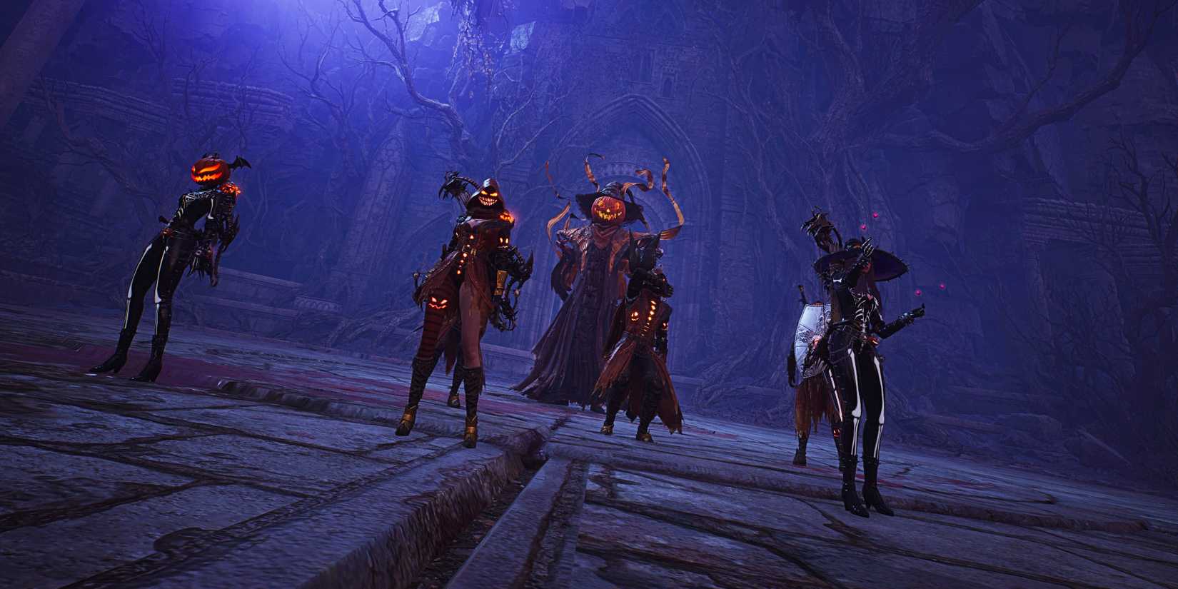 A group of players standing in front of a creepy castle in their spooky attire in a screenshot from Throne and Liberty.
