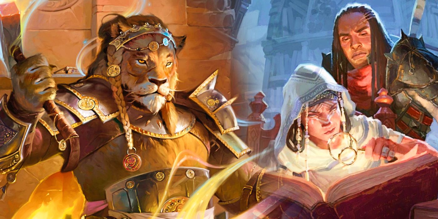 A leonin blacksmith hammers at his forge while two characters read a book with a magnifying glass in art from the DnD handbooks.