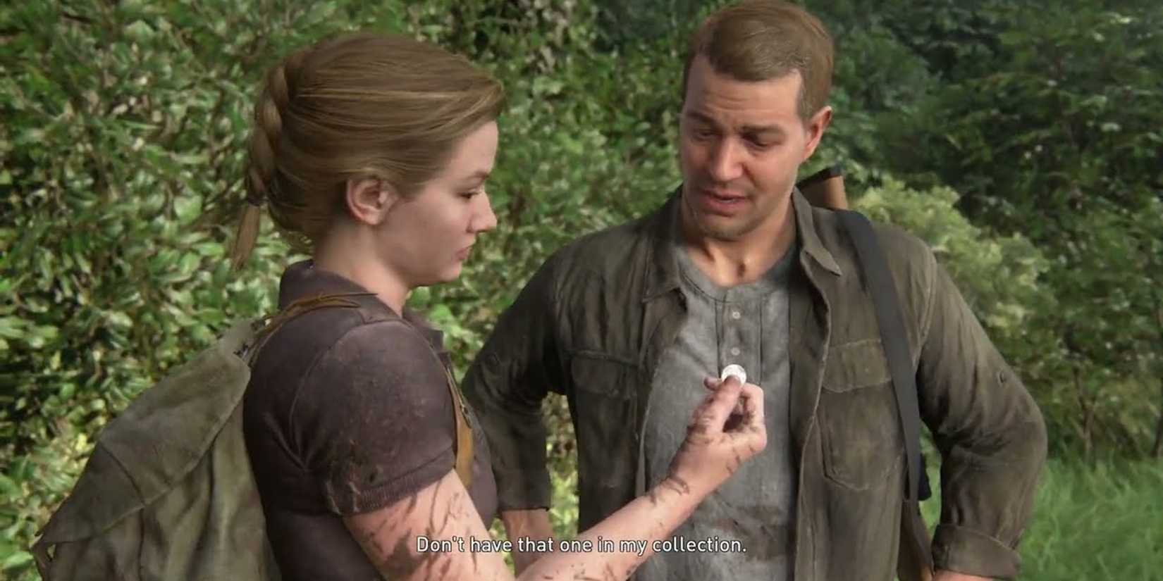 Abby mostrando uma moeda para Jerry em The Last of Us Part II