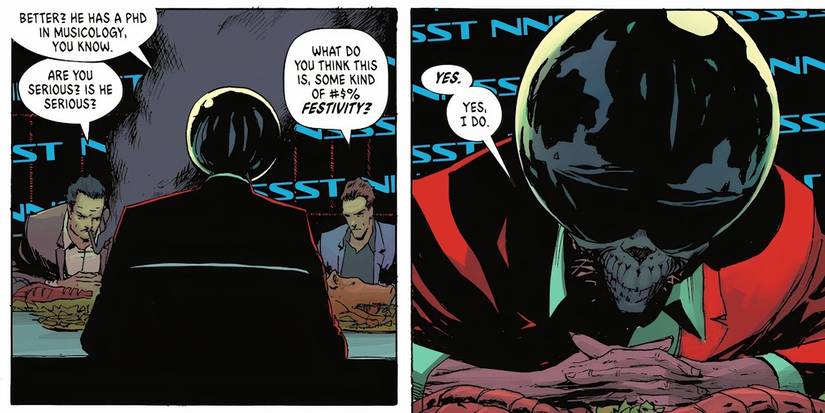 Black Mask sits down for a meal with Falcone and Maroni