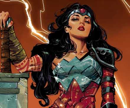 Иллюстрация комикса: Чудо-женщина из Вселенной Абсолюта смотрит на читателя, опираясь на свой огромный меч.