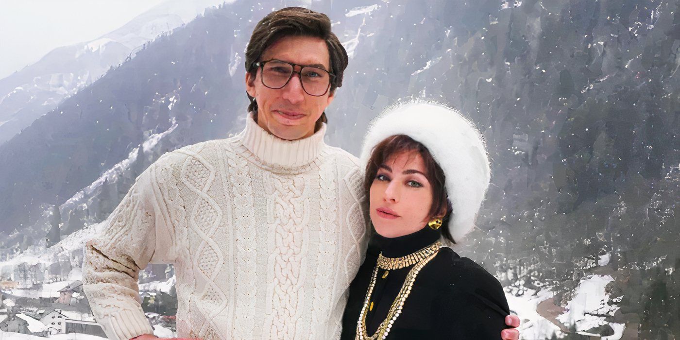 Adam Driver and Lady Gaga in the mountains in House of Gucci
