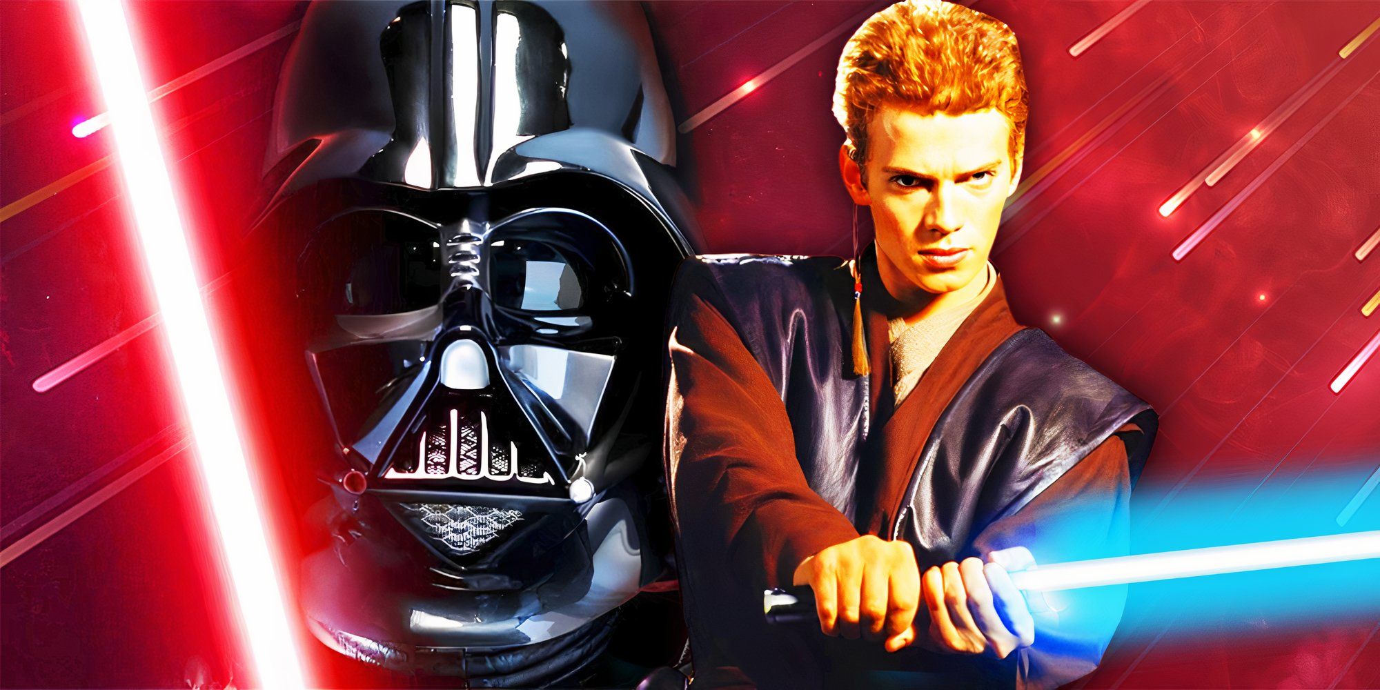 Anakin Skywalker (Hayden Christensen) wields his blue lightsaber in a photoshoot for Attack of the Clones. He's edited with Darth Vader from the helmet-up with his red lightsaber.