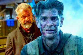 Andrew Garfield as Desmond Doss in Hacksaw Ridge juxtaposed with Mel Gibson in Boss Level