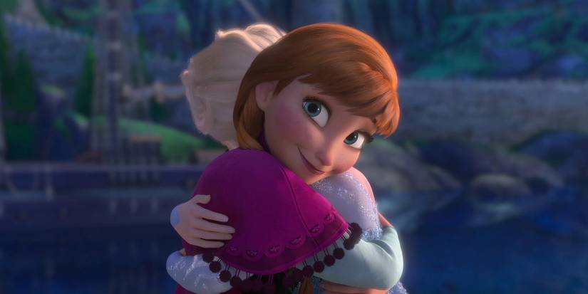 Anna hugs Elsa and smiles in Frozen
