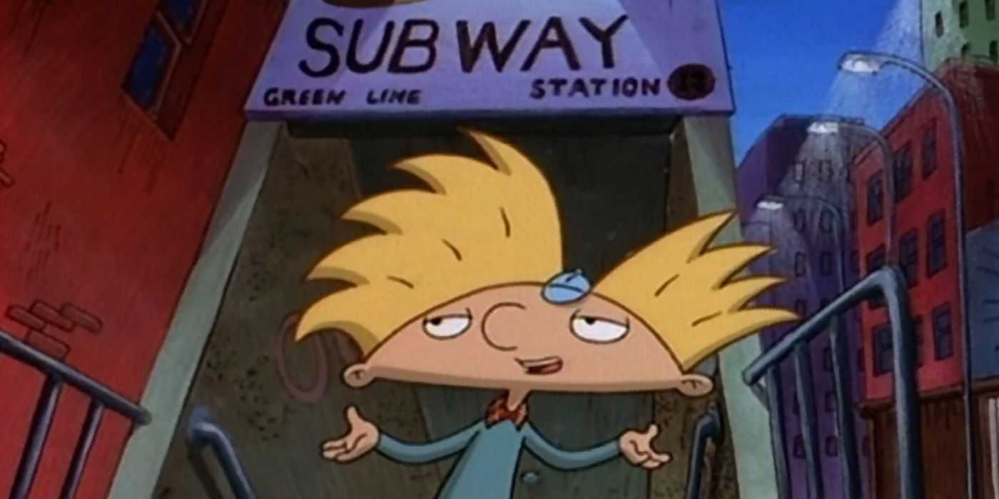 Arnold standing in front of a subway station in Hey Arnold! Das Subway.