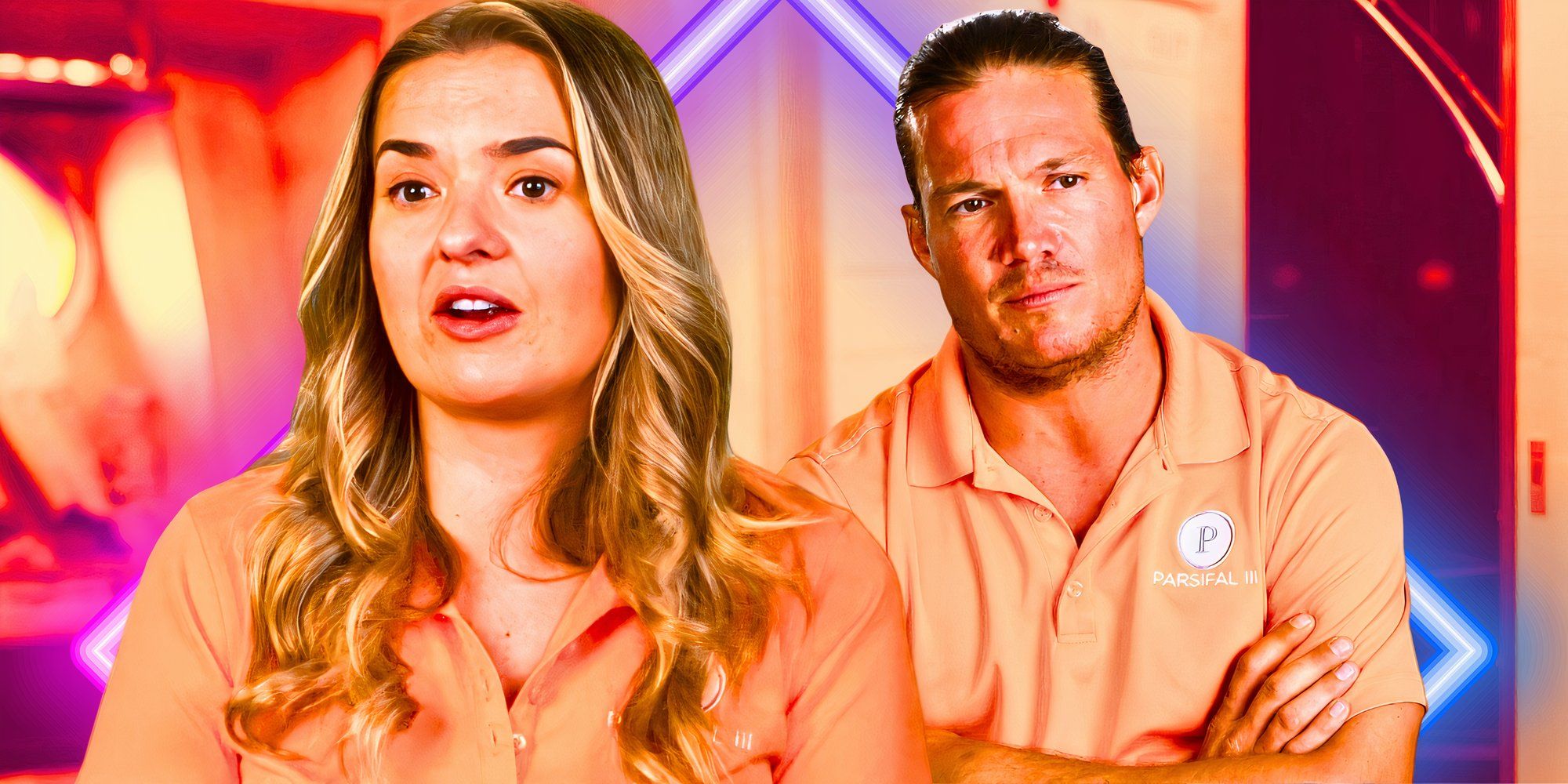 Below Deck Sailing Yacht stars Gary King and Daisy Kelliher looking serious in orange shirts with multicolored background