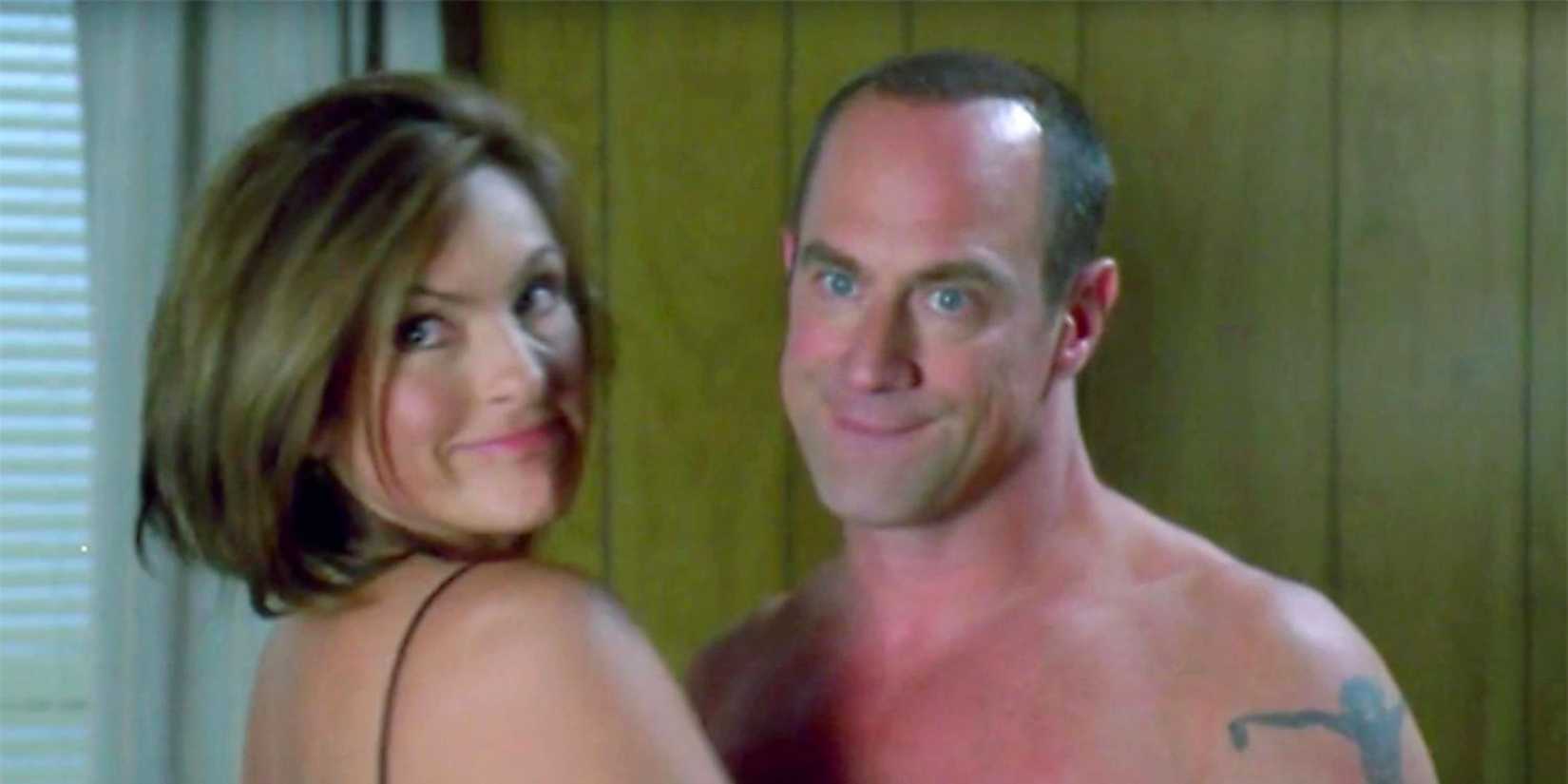 Law & Order; SVU Benson and Stabler smiling each other while neither has a shirt on