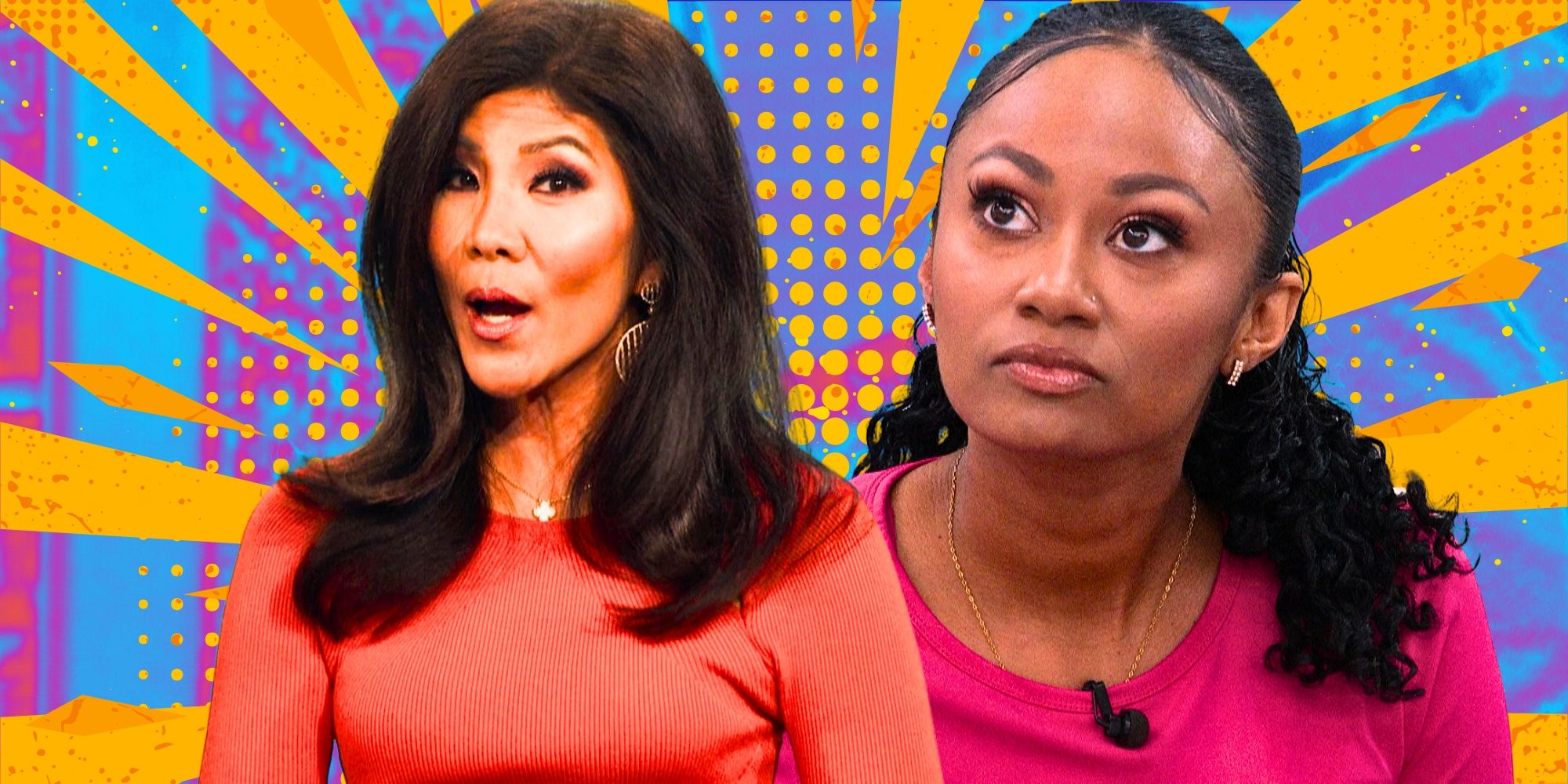 Big Brother’s Julie Chen Moonves talkins and Chelsie Baham looks serious.