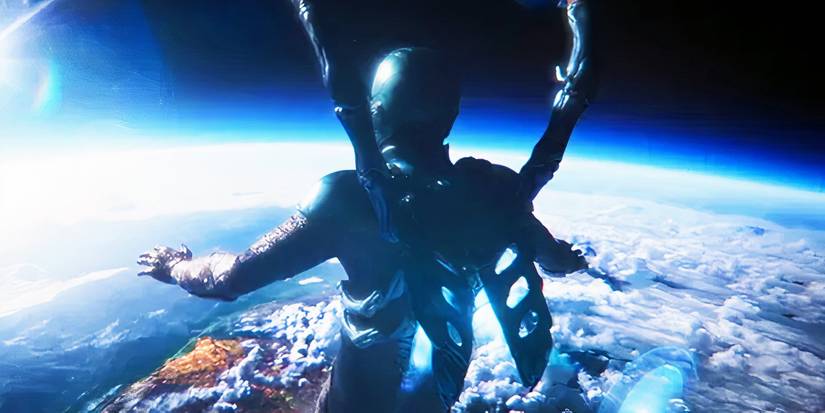Blue Beetle looking at Earth from space in Blue Beetle