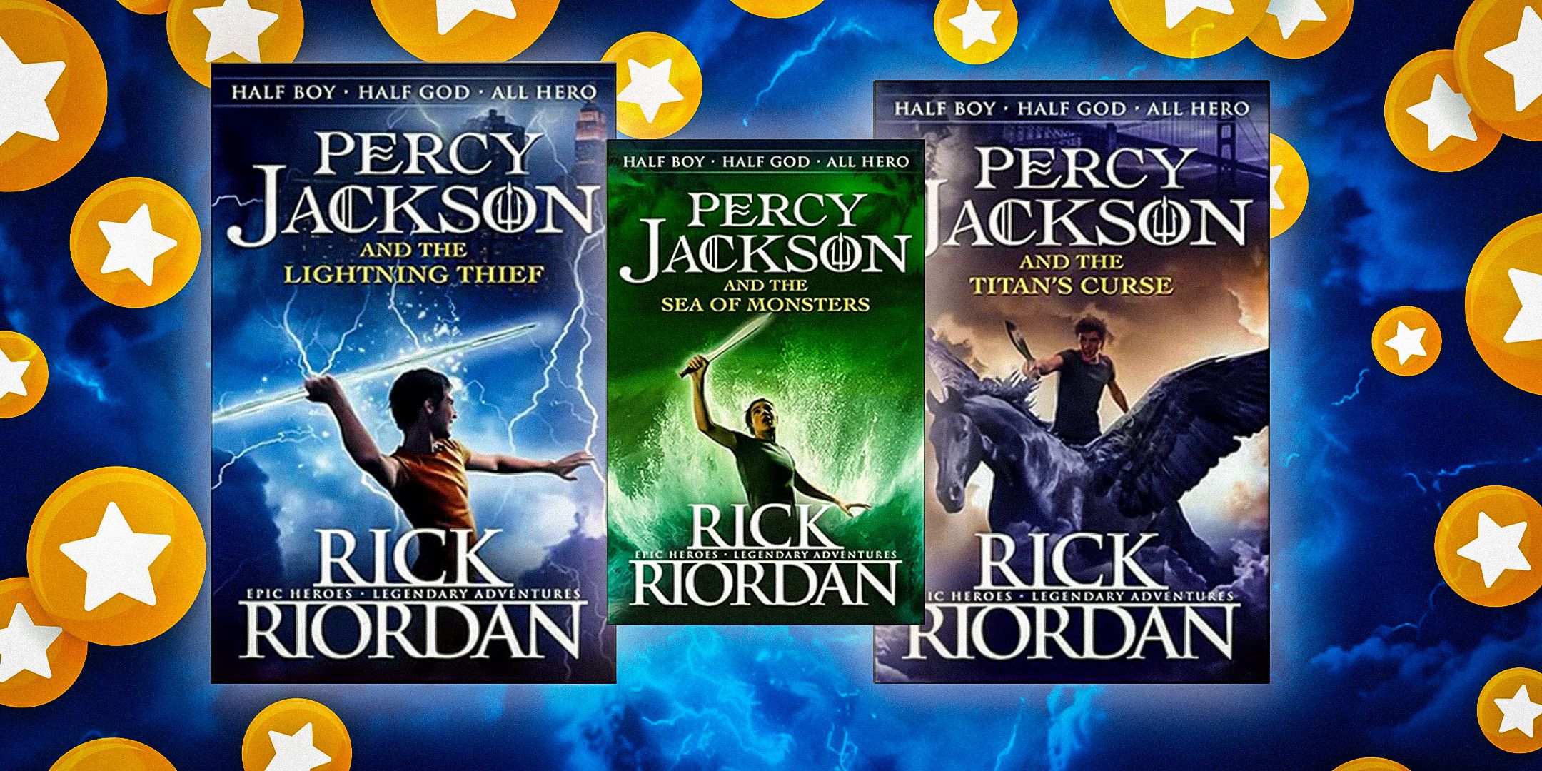 The book covers of Percy Jackson & the Lightning Thief, Percy Jackson & the Sea of Monsters, and Percy Jackson & the Titan's Curse