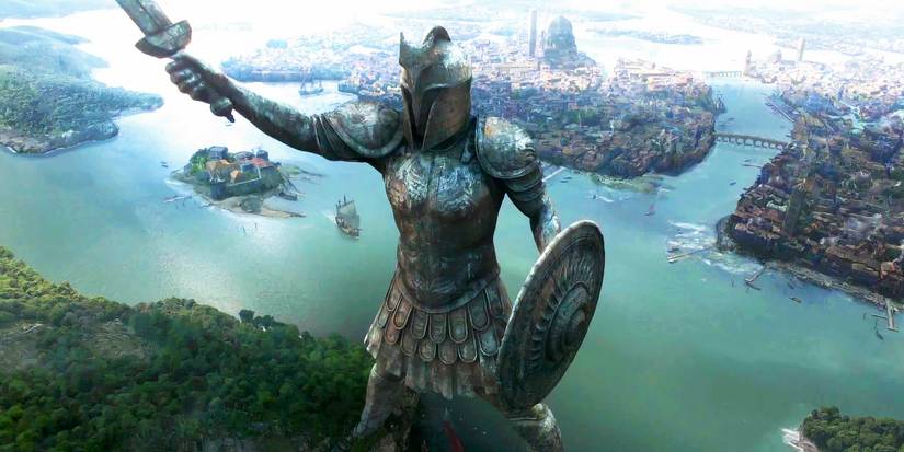 The Titan of Braavos with the city behind him in Game of Thrones