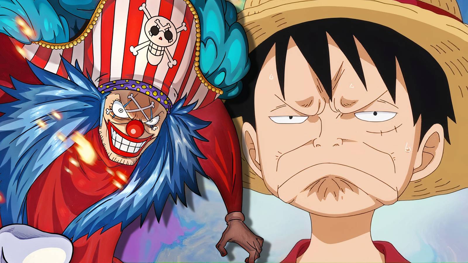 Buggy smiling in one piece with luffy looking unimpressed in the background