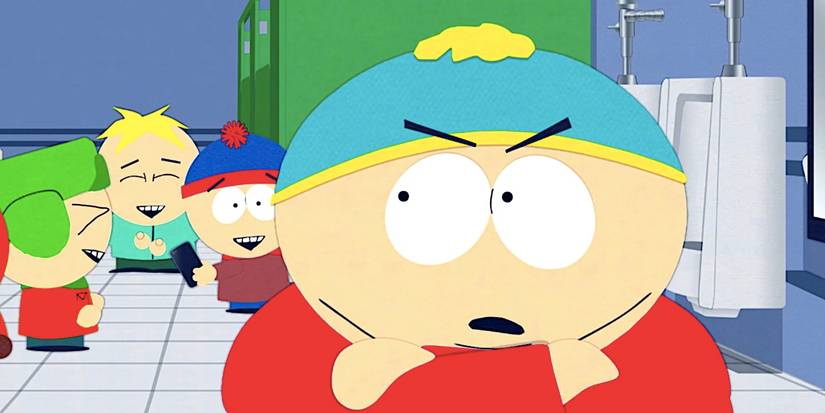 Cartman stands angrily with his arms folded in the bathroom as Butters Kyle and Stan laugh in the background from South Park