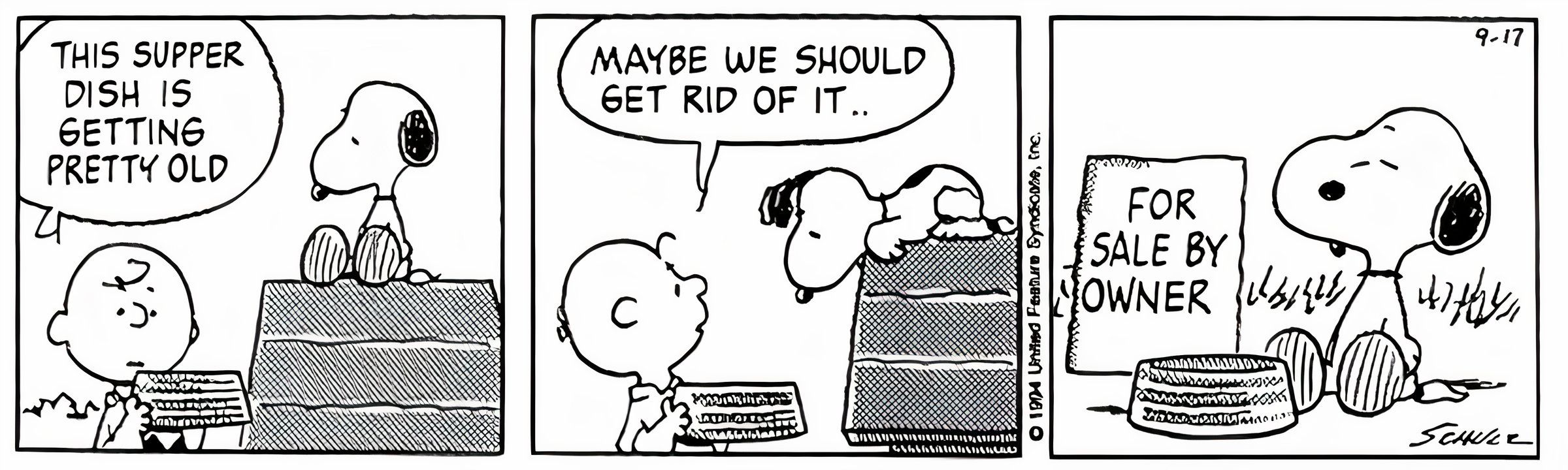 Charlie Brown says that Snoopy's dish is getting old and should be gotten rid of, so Snoopy tries to sell it.