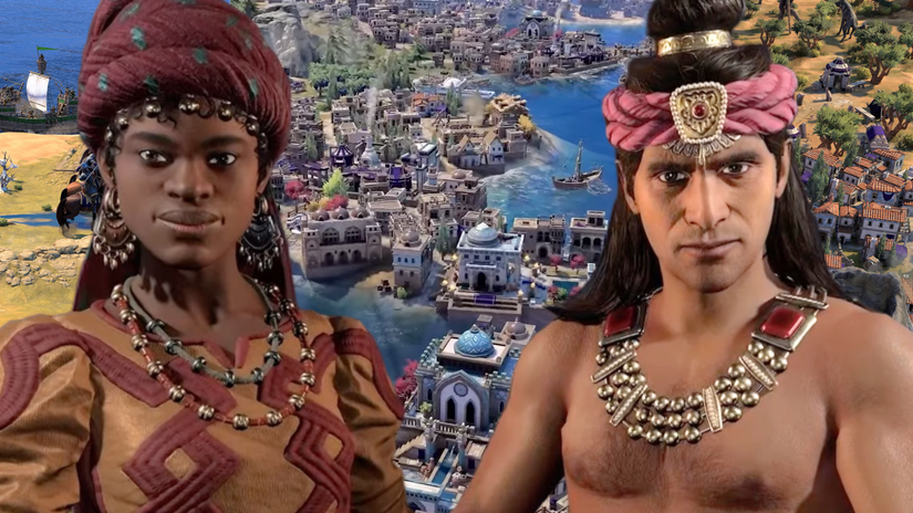 Ashoka, the leader of the Maurya Empire stands on the right, as Amina, the warrior queen of Zazzau stands on the opposite side, in front of a collage of three different biomes.