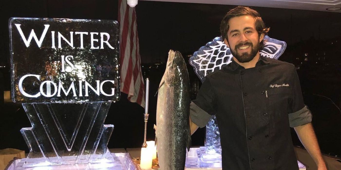 Cloyce in Below Deck Sailing Yacht posing with a winter is coming game of thrones sign while smiling