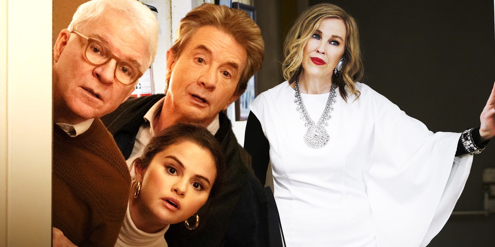 Collage of Steve Martin, Martin Short, and Selena Gomez in Only Murders in the Building and Catherine O'Hara in Schitt's Creek