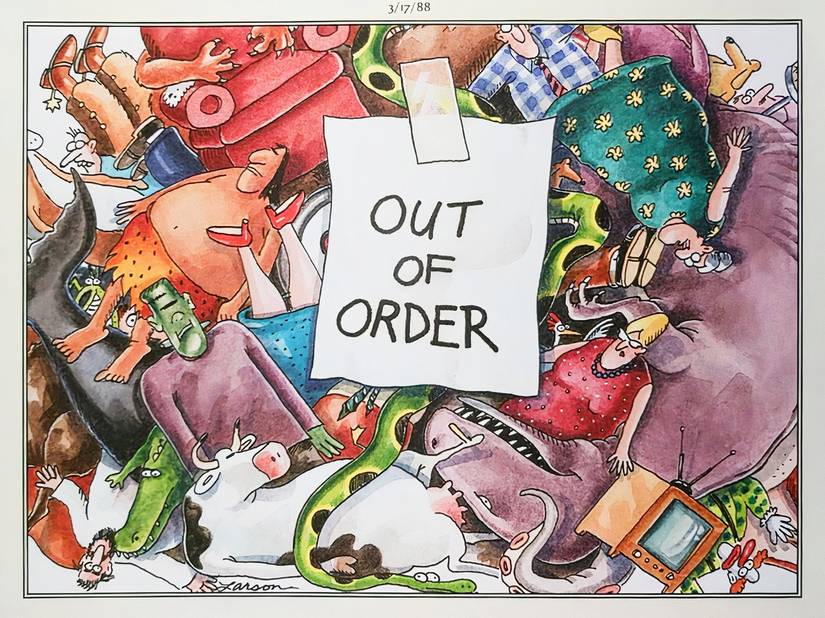 Colorized version of The Far Side's 'Out of Order' comic, as reprinted in The Complete Far Side