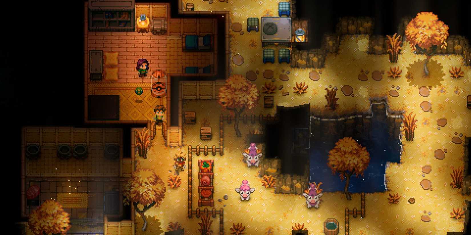 A wide shot of a yellow grassy field and a house in Core Keeper.