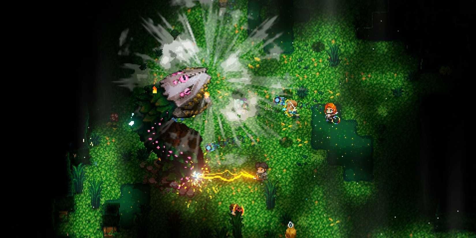Players fighting a giant boss that's screaming in a grassy field in Core Keeper.