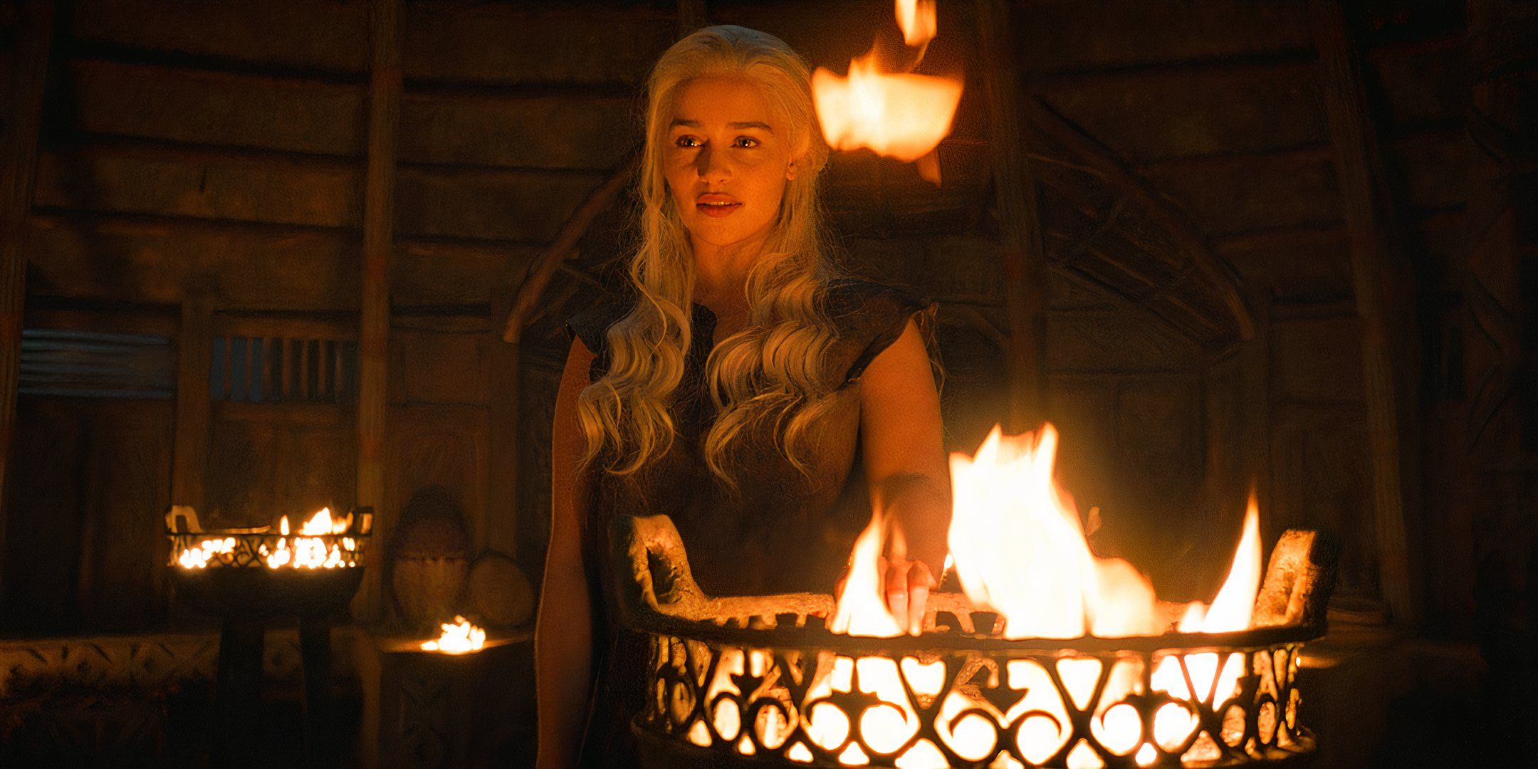 Daenerys (Emilia Clarke) with her hand on a fire in Game of Thrones season 6, episode 4