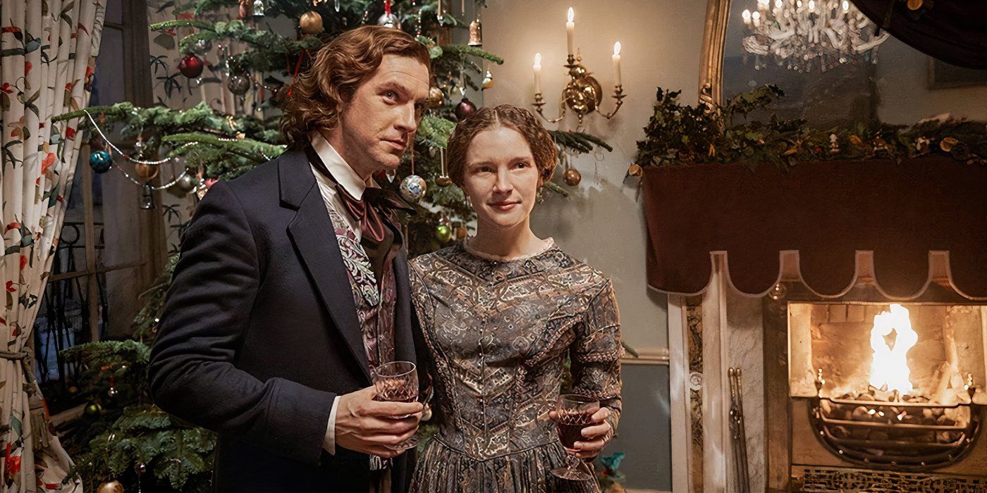 Dan Stevens and Morfydd Clark in The Man Who Invented Christmas.