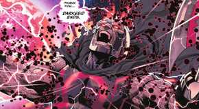 Comic book panel: Darkseid dies, exploding.