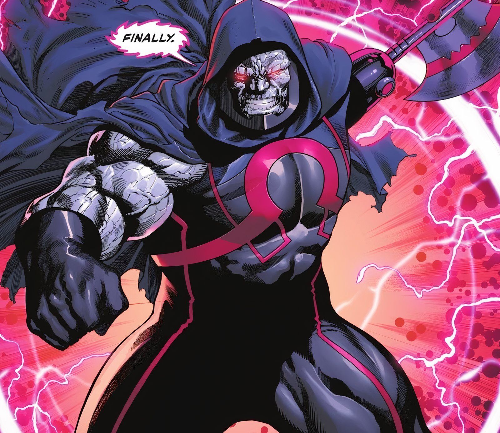 Comic book panel: Darkseid with an ax arm and a cape poses in front of a Boom Tube.