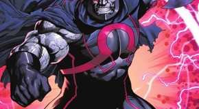 Comic book panel: Darkseid with an ax arm and a cape poses in front of a Boom Tube.