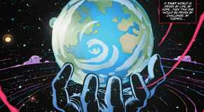 Comic book page: Darkseid holds the Absolute Universe Earth in a swirl of space.