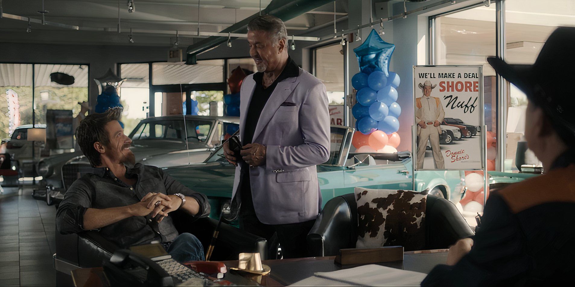 Mitch Keller (Garrett Hedlund) and Dwight Manfredi (Sylvester Stallone) at Donnie's car dealership in Tulsa King season 2, episode 4