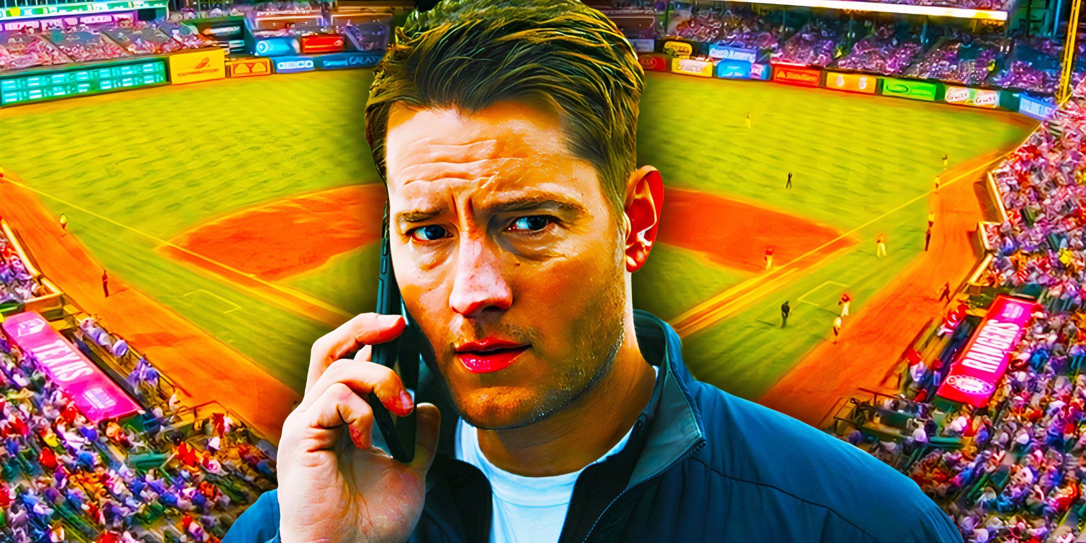 Justin Hartley as Colter Shaw in Tracker in front of an image of a baseball field.