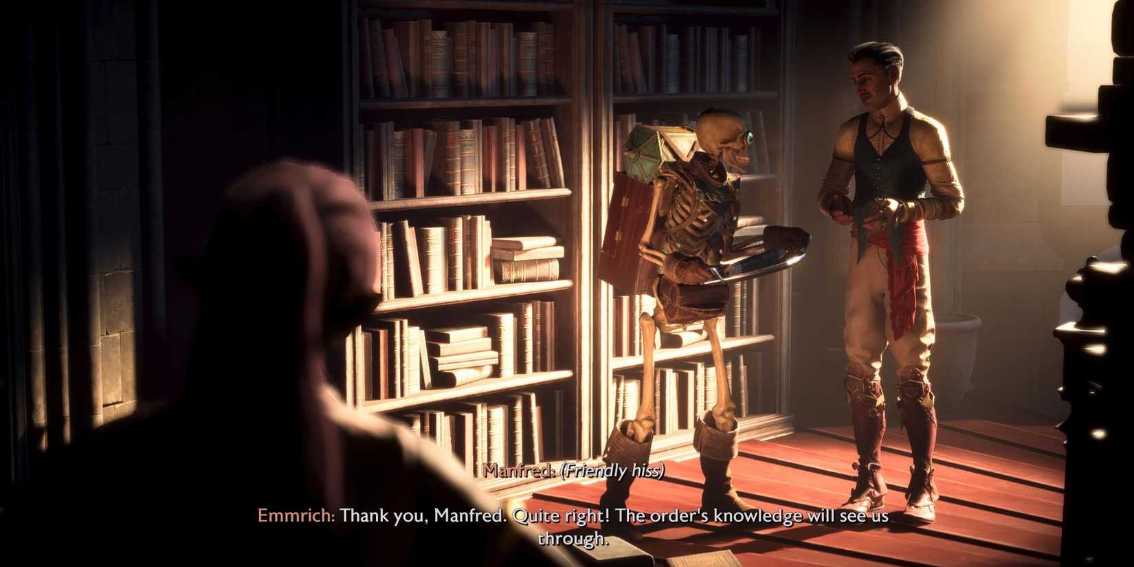Emmrich talking to Manfred while Rook looks on in Dragon Age: The Veilguard.