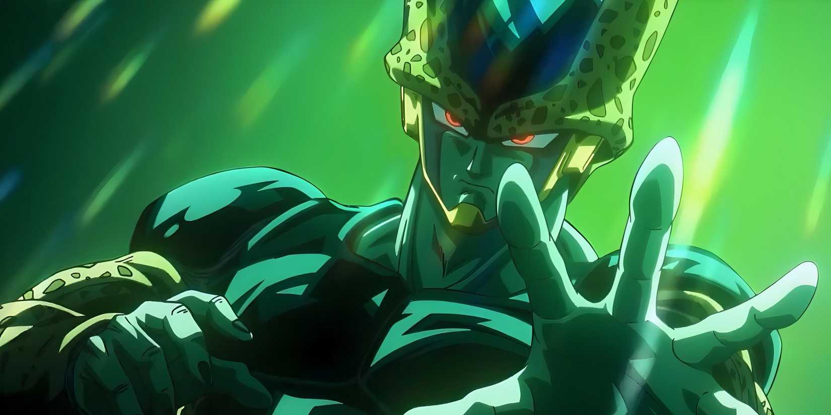 Image from Dragon Ball Daima anime Episode 1 shows Perfect Cell during a flashback whose drawn with incredible detail as a dark green light is cascaded over him while he looks determined with his arms out stretched.