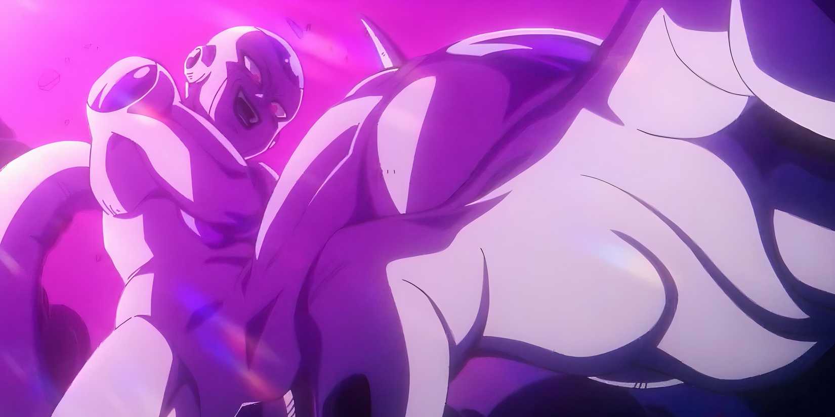 Image from Dragon Ball Daima anime Episode 1 show Frieza during a flashback with his arms crossed and one large foot with apposable toes reaching towards to frame while he's lit in a bright purple light.