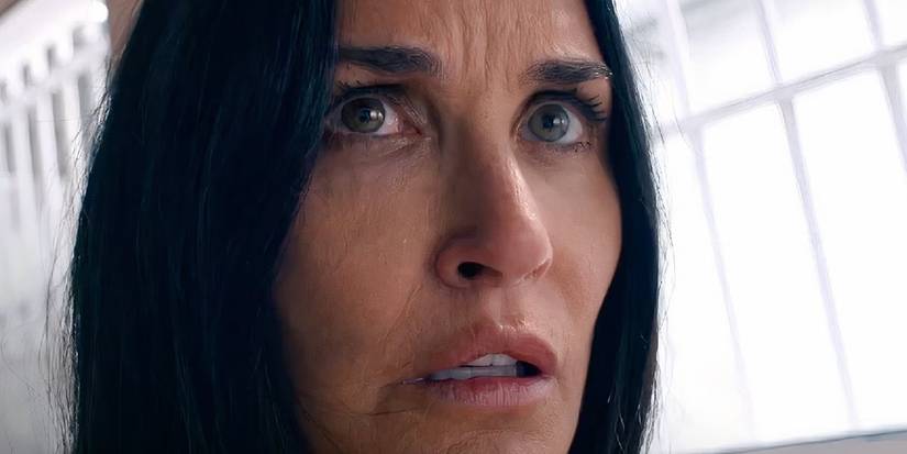 Elisabeth looking scared in The Substance