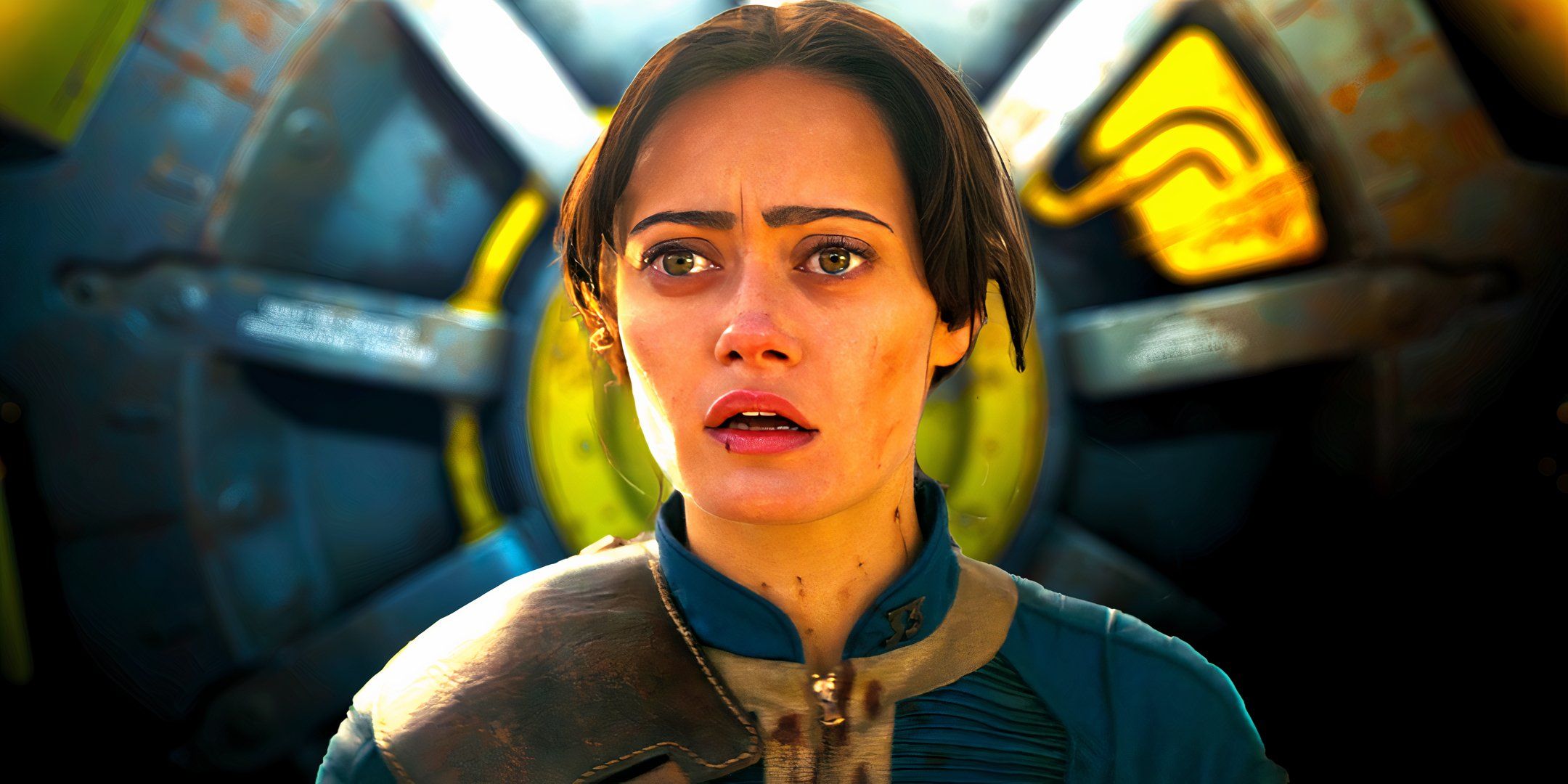 Ella Purnell as Lucy looking shocked against background of a Vault door in Fallout