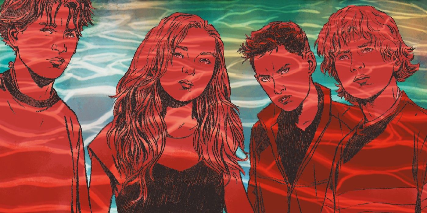 Comic book art: a group of children in red tones with a ocean-like visual effect over them.