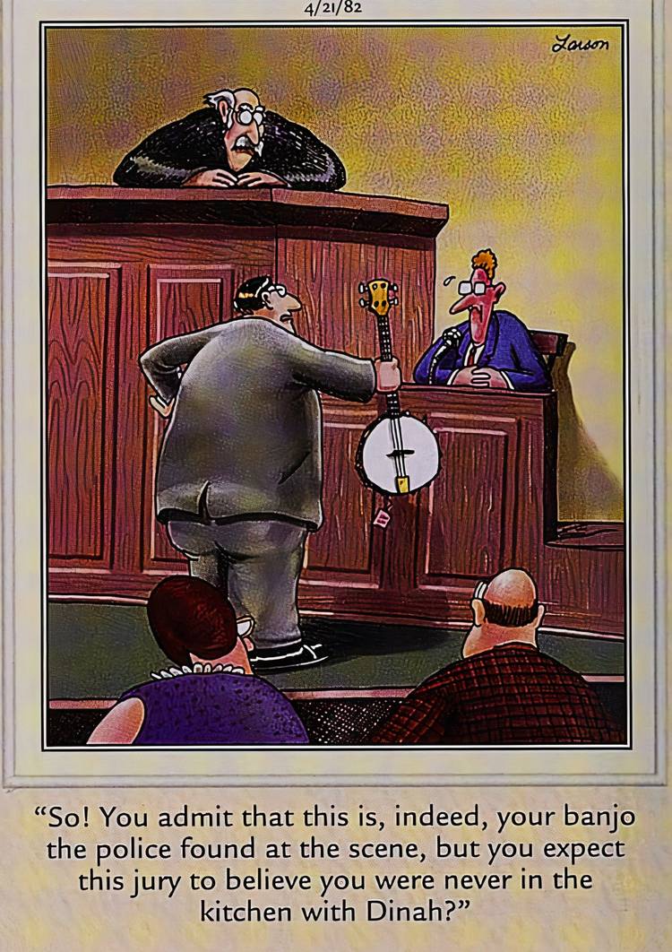 Far Side, Banjo player on the stand in a court room