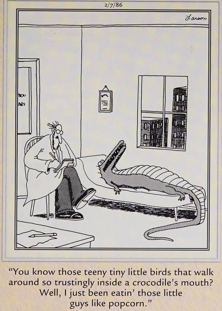 Far Side, February 7, 1986, an alligator admits to eating harmless little birds