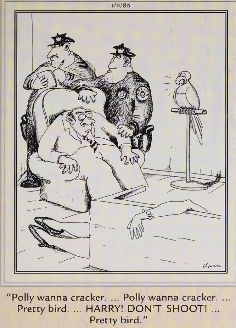 Far Side, January 11, 1980, a man who murdered his wife is snitched on by his pet bird