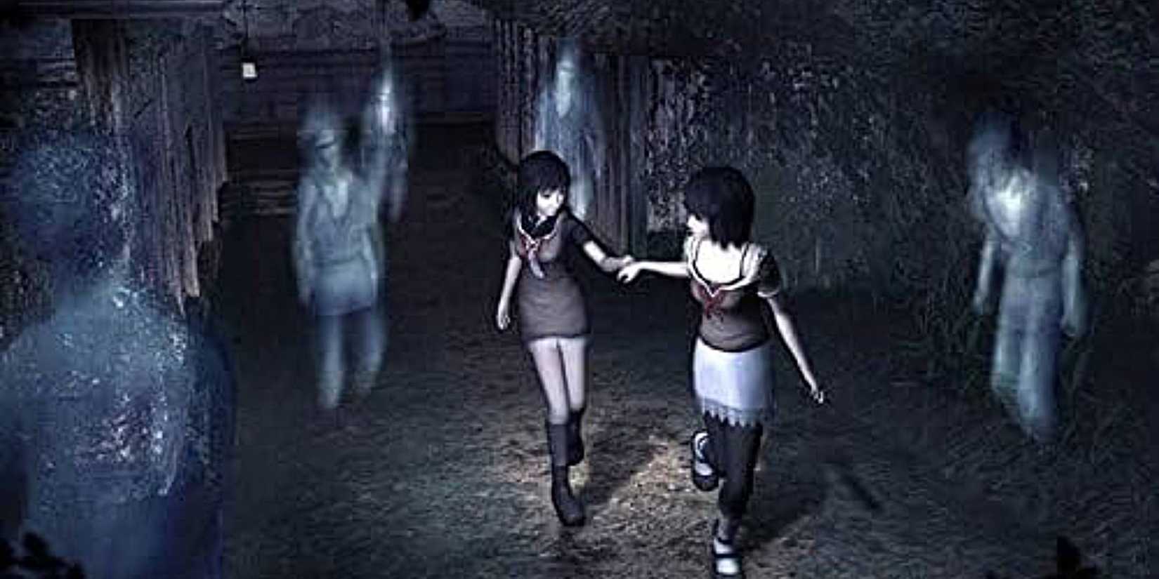 Two girls fleeing ghosts in Fatal Frame 2: Crimson Butterfly.
