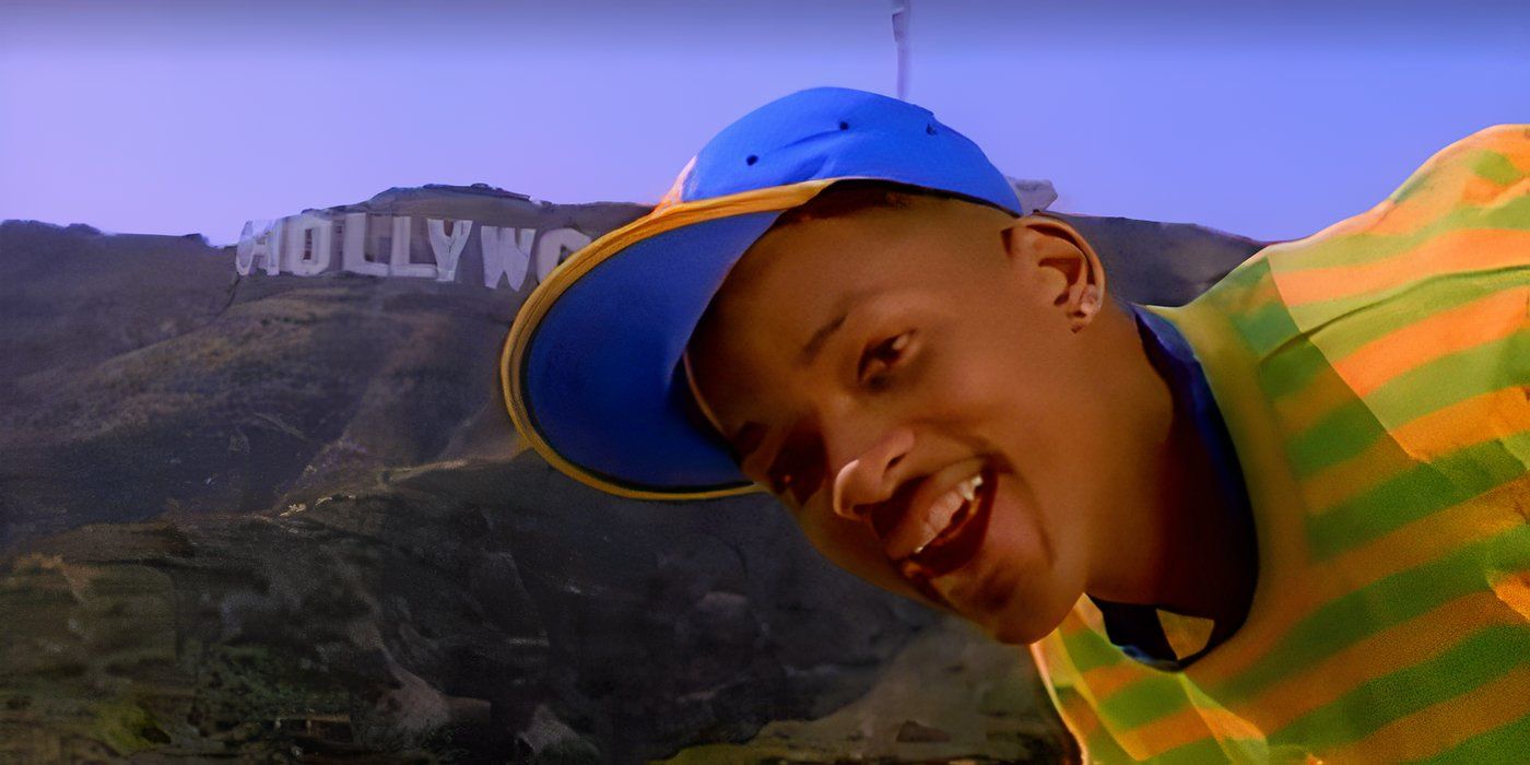 Will Smith davanti al cartello di Hollywood nel tema del "Principe di Bel-Air"