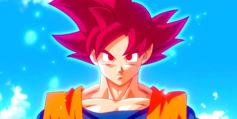 Goku in Super Saiyan God form during his fight against Beerus in Battle of the Gods.