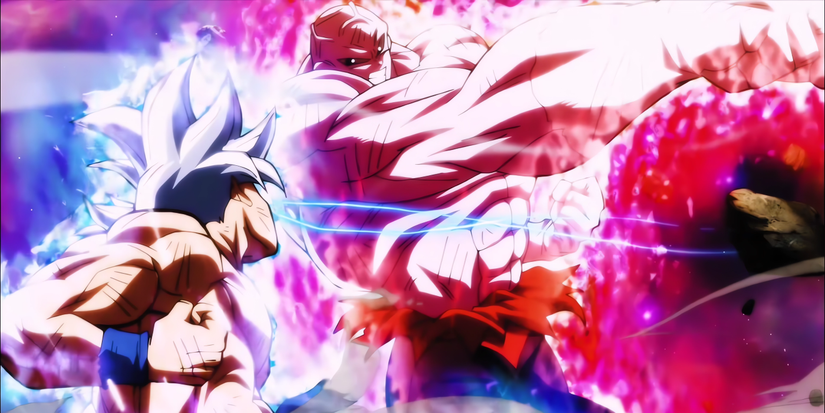 Goku in Ultra Instinct form fighting Jiren during the Tournament of Power Saga. 